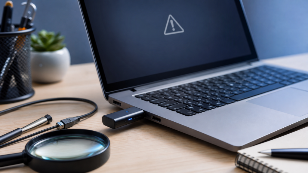 فلاشة USB متصلة بكمبيوتر لحل مشكلة عدم القراءة