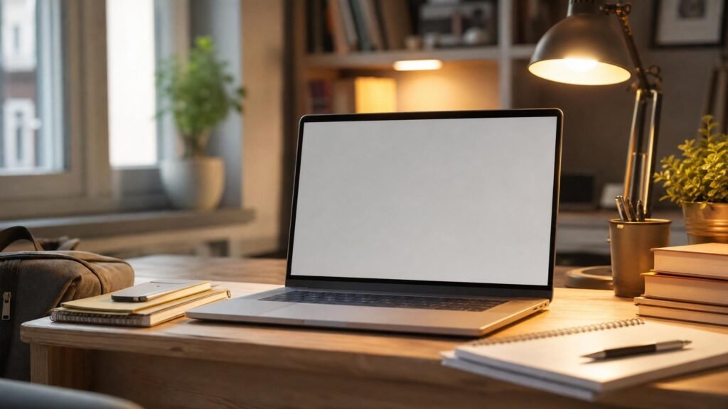 لابتوب حديث على مكتب طالب مع دفاتر وأدوات دراسة