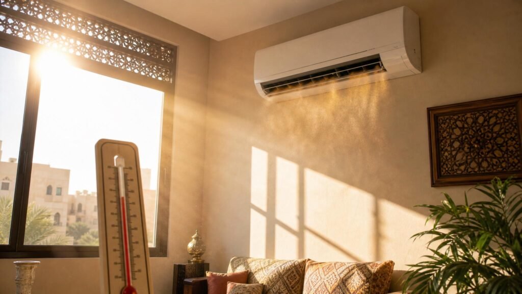 مكيف مع شمس حارة وترمومتر