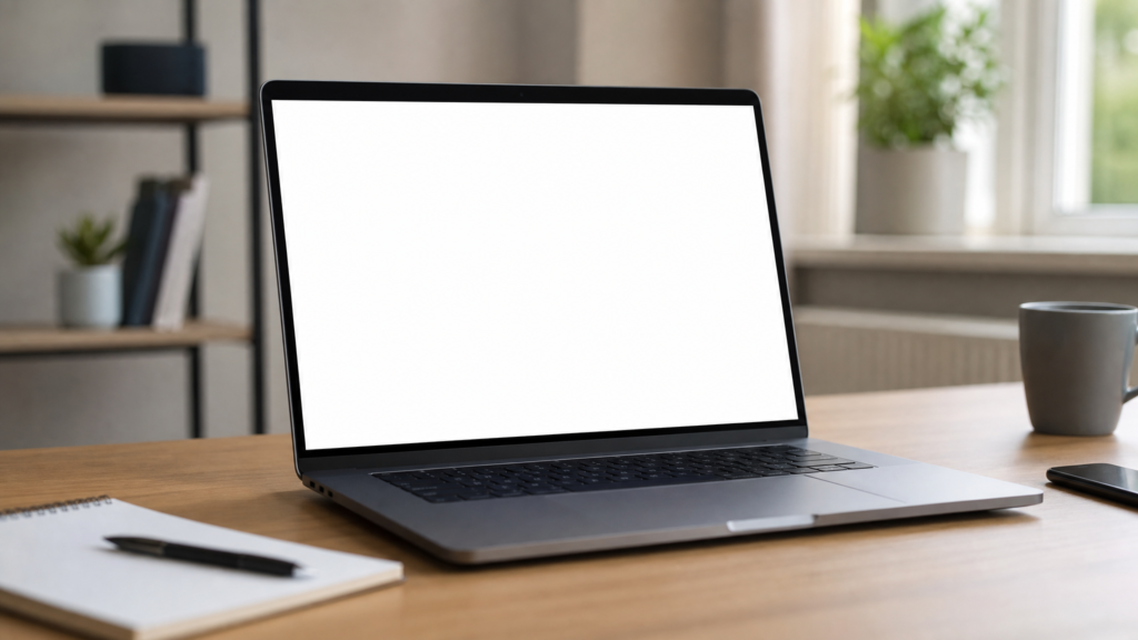لابتوب مفتوح تظهر شاشته بيضاء بالكامل