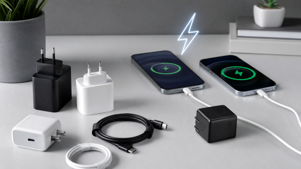 شواحن سريعة وكابلات USB-C مع هواتف قيد الشحن